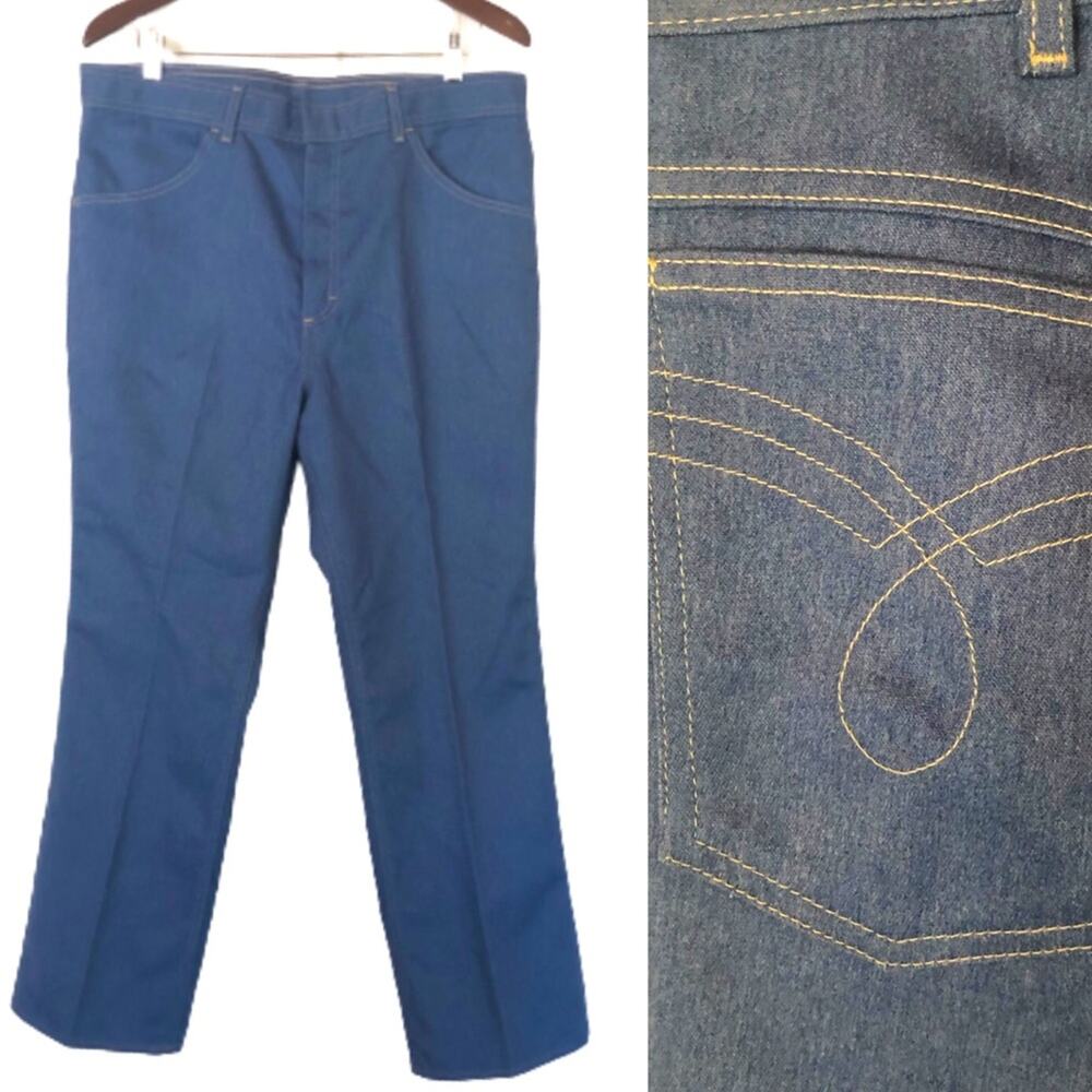 Vintage Men's Light Blue High Waist Wide Leg Creased Trouser Style Jeans 36 Soft